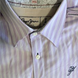 VTG Striped & Floral Lavender Mens Shirt Pepes Jeans Crash Bar Artsy Edgy Cool